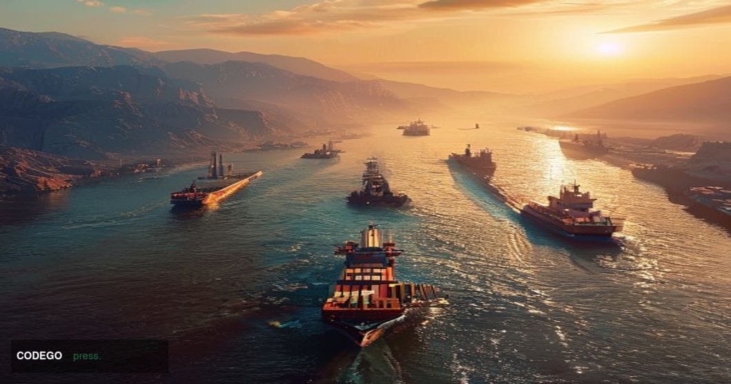 A dramatic aerial photorealistic view of the Strait of Hormuz at golden hour, showing the narrow waterway between Iran and Om