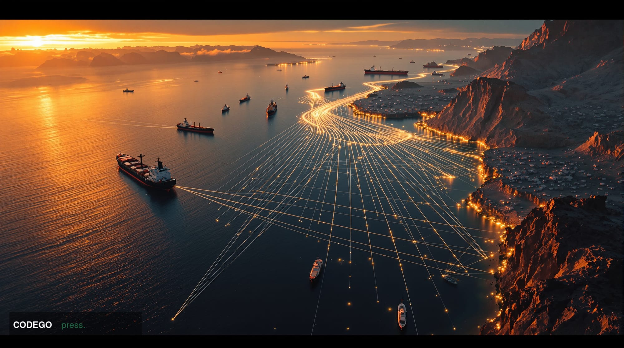 A dramatic aerial view of the Strait of Hormuz at golden hour, showing the narrow waterway between Iran and Oman with massive