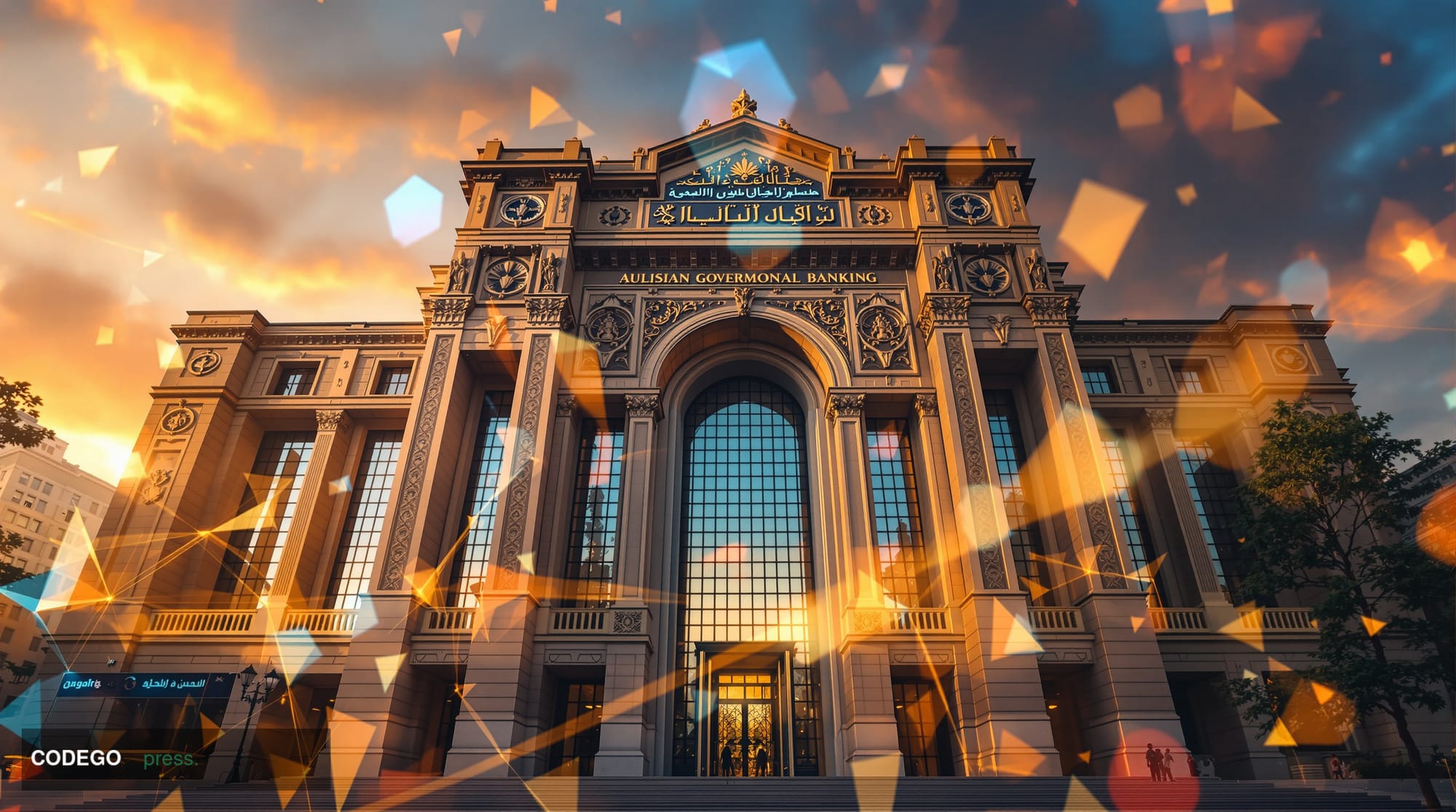 A dramatic photorealistic editorial photograph showing the imposing facade of Iran's Central Bank building in Tehran, recogni