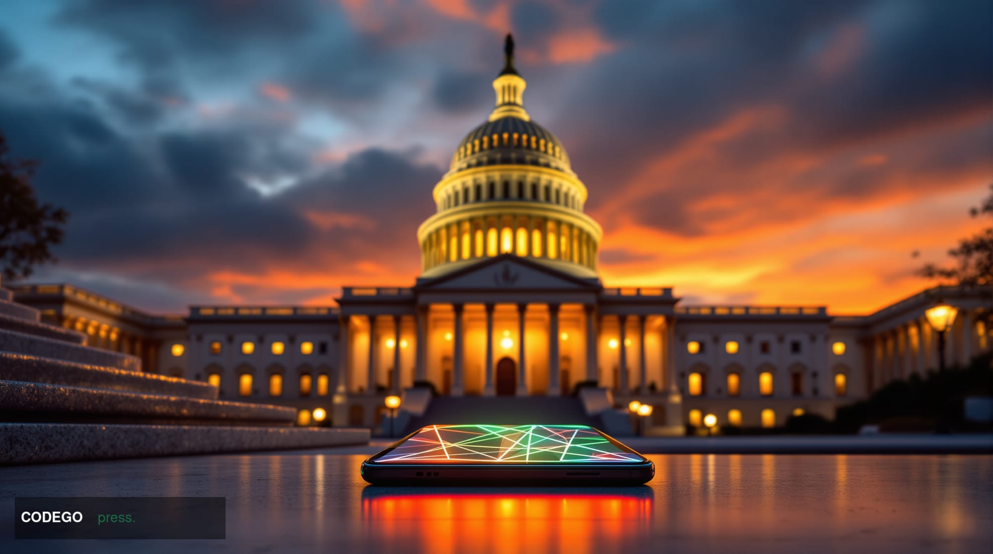 A cinematic editorial photograph showing the imposing facade of the U.S. Capitol building in Washington D.C. at golden hour, 