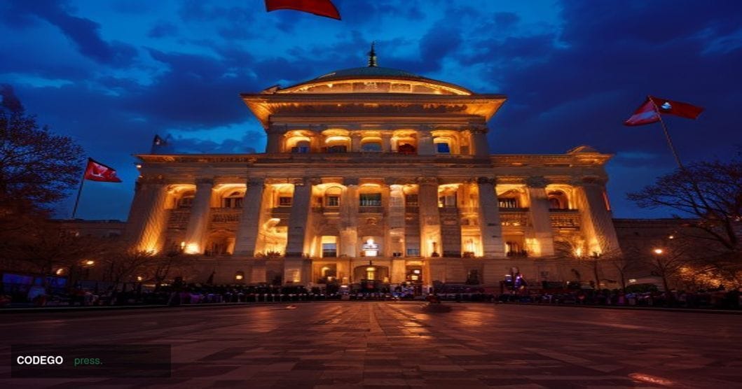 A dramatic cinematic photograph of the Iranian Parliament building (Majlis) in Tehran at dusk, shot from a low angle to empha