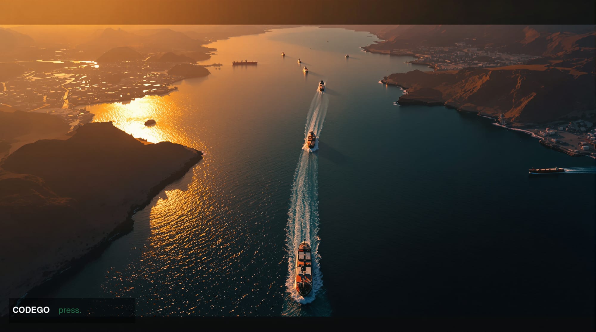 A cinematic aerial view of the Strait of Hormuz at golden hour, showing the narrow waterway between Iran and Oman with oil ta