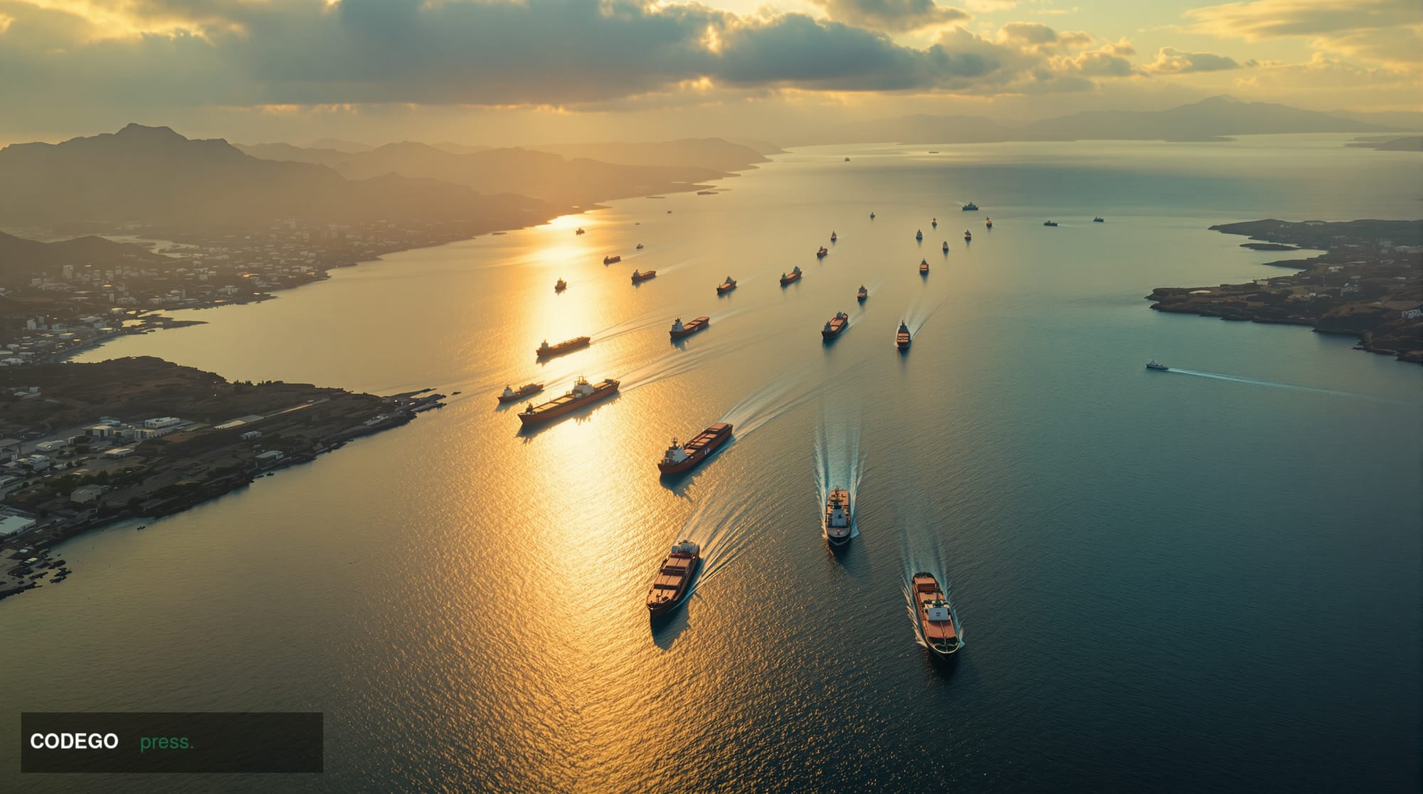 A dramatic photorealistic aerial view of the Strait of Hormuz at golden hour, showing the narrow waterway between Iran and Om
