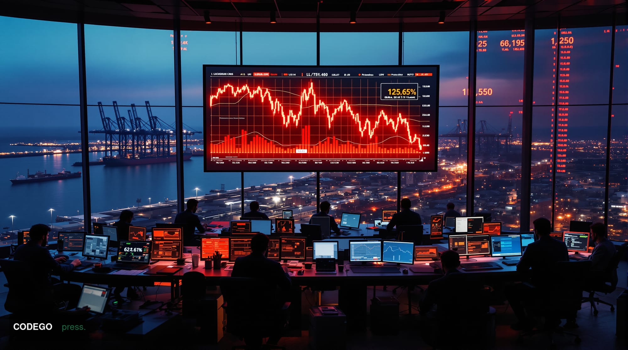 A dramatic photorealistic editorial photograph showing a modern cryptocurrency trading floor or financial district during a c