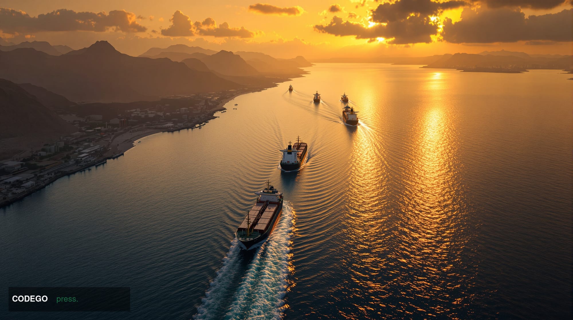 A dramatic aerial view of the Strait of Hormuz at golden hour, showing the narrow waterway between Iran and Oman with oil tan