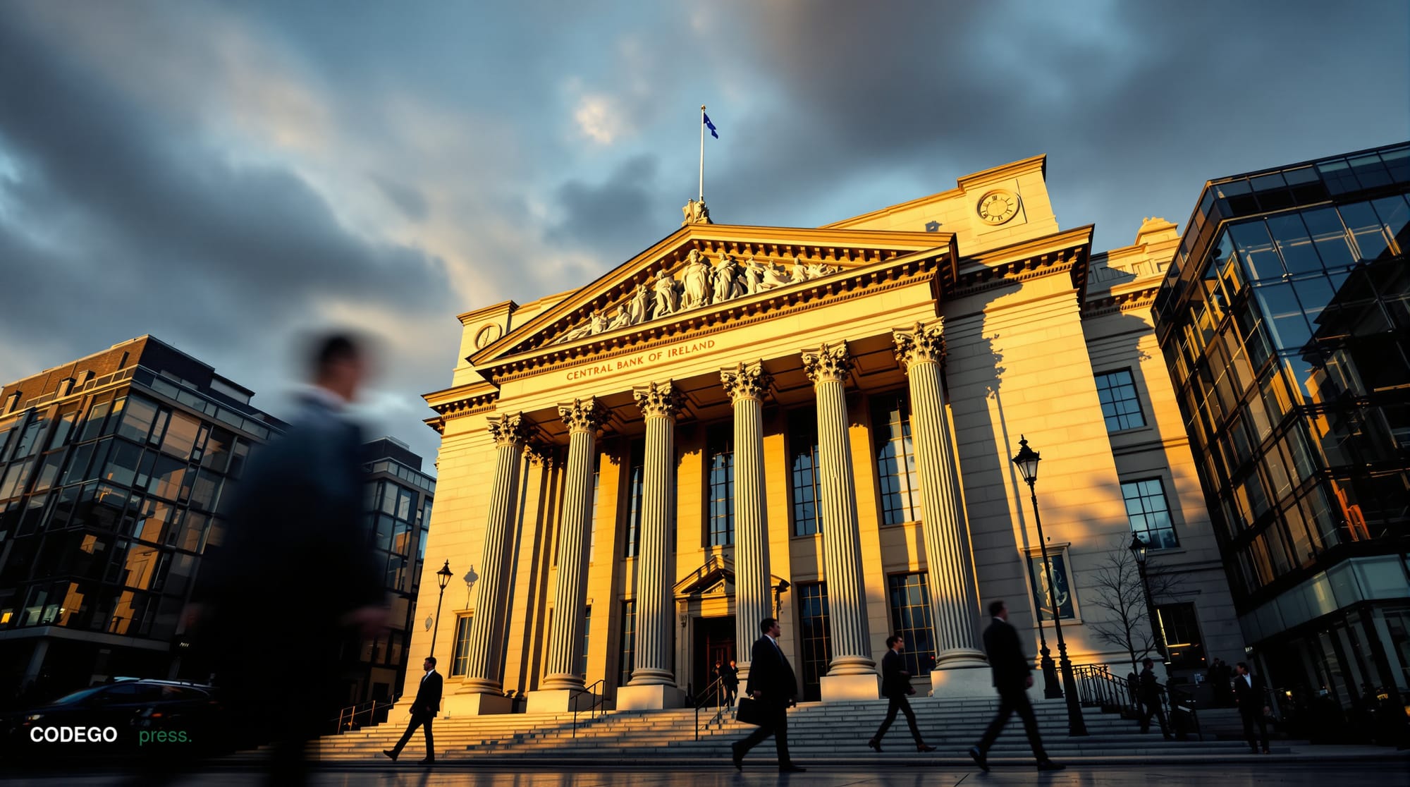 A photorealistic editorial photograph showing the imposing neoclassical facade of the Central Bank of Ireland headquarters bu