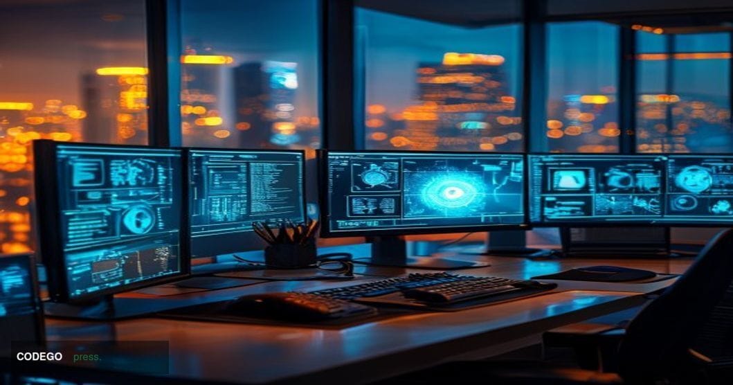 A cinematic editorial photograph of a modern blockchain technology workspace featuring multiple computer monitors displaying 