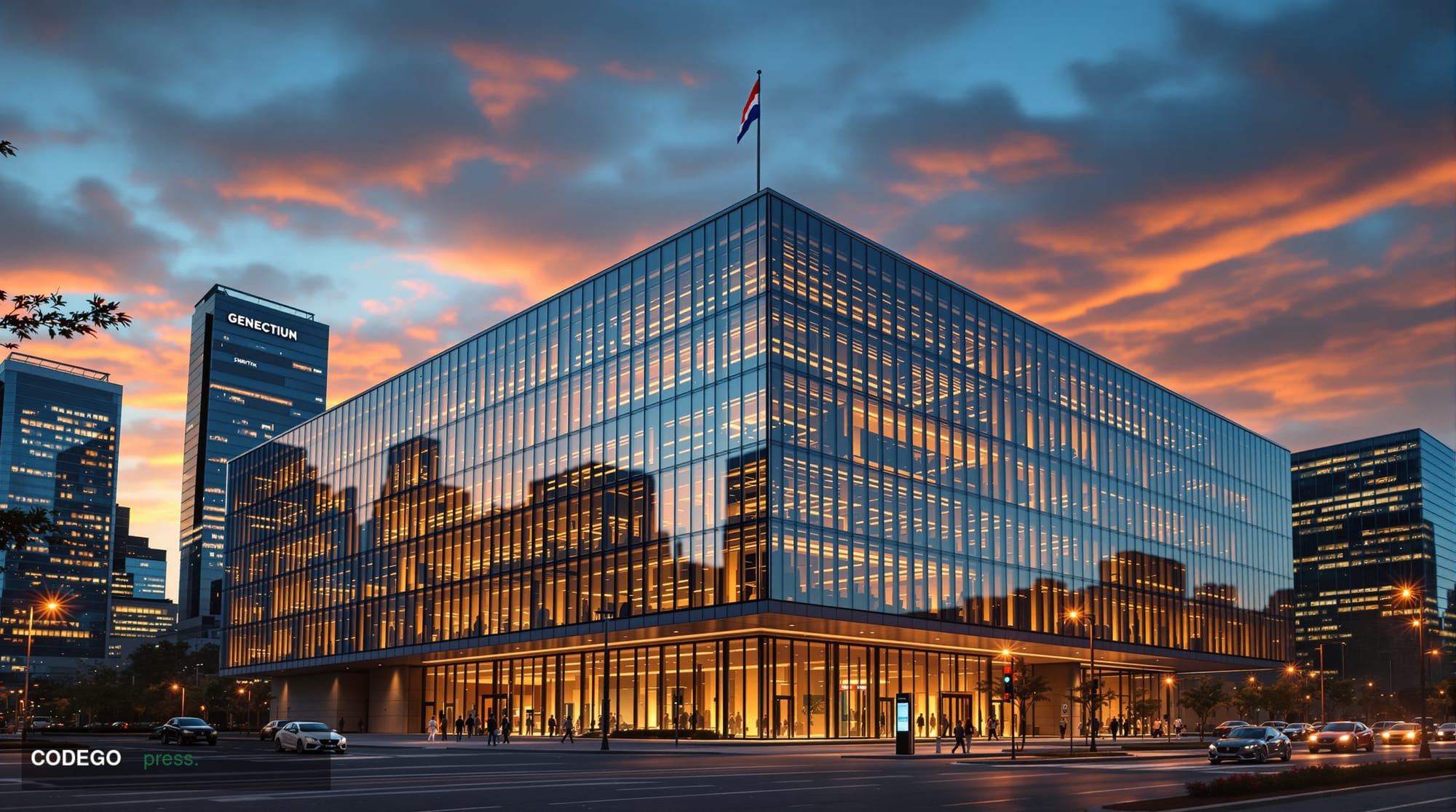 A photorealistic editorial photograph showing the modern glass and concrete headquarters of the Israel Defense Forces in Tel 