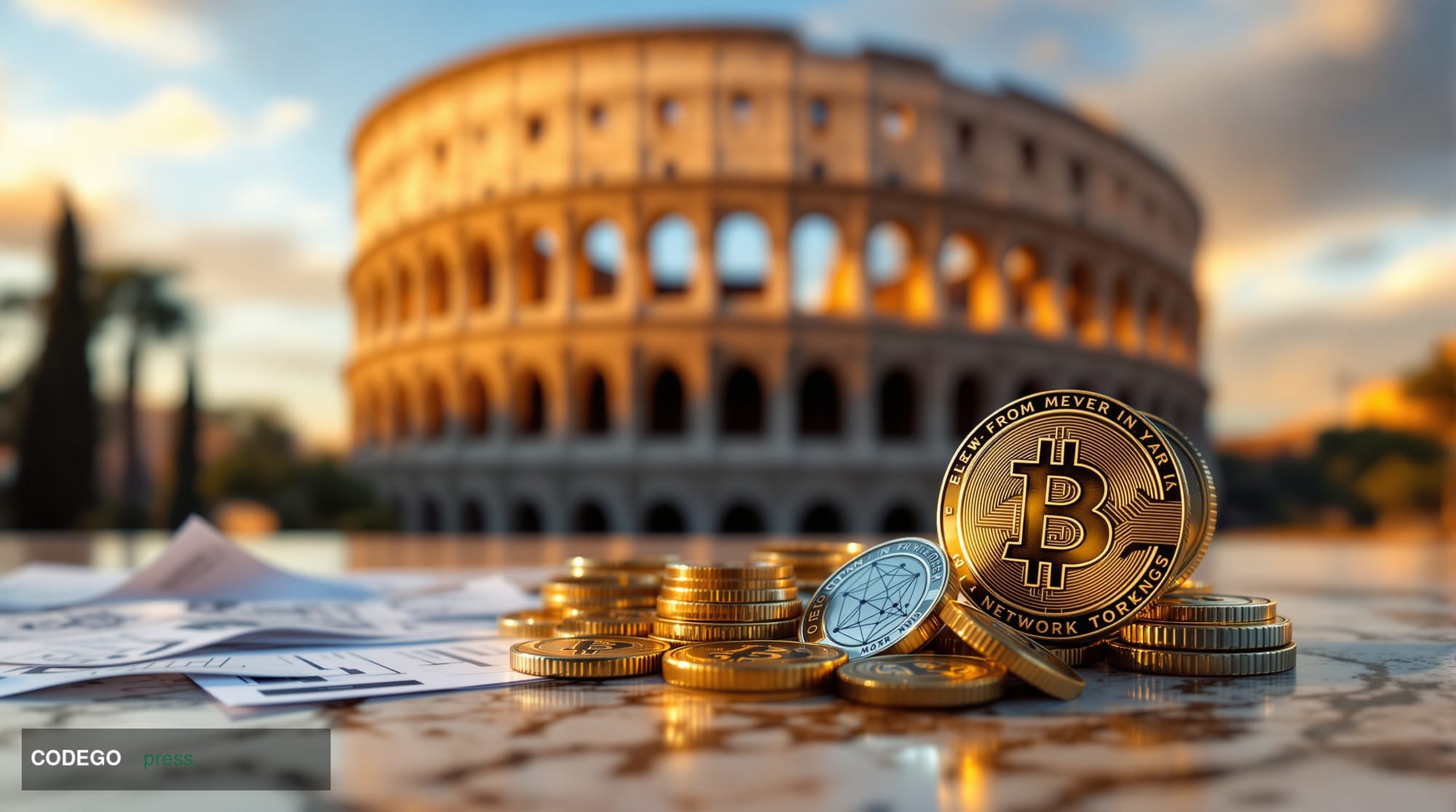 A photorealistic editorial photograph showing the iconic Colosseum in Rome, Italy, with dramatic golden hour lighting casting