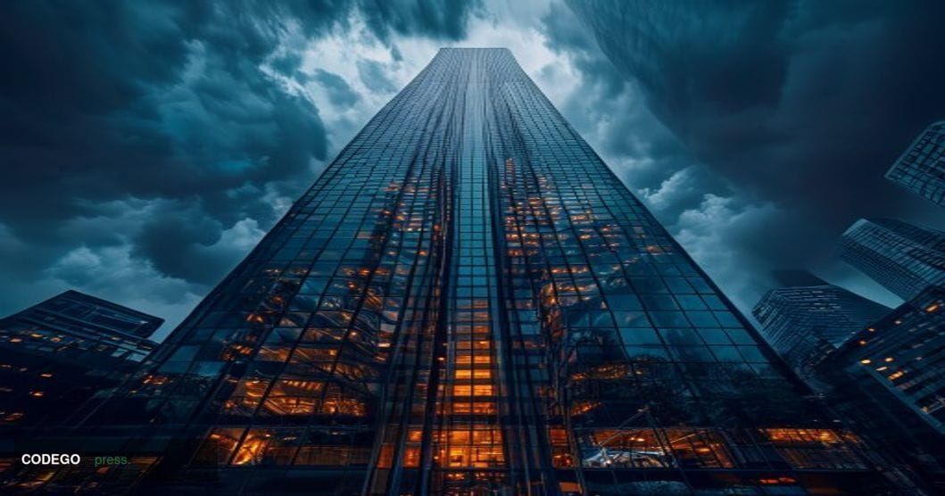 A dramatic photorealistic editorial photograph showing the imposing JPMorgan Chase headquarters building at 270 Park Avenue i