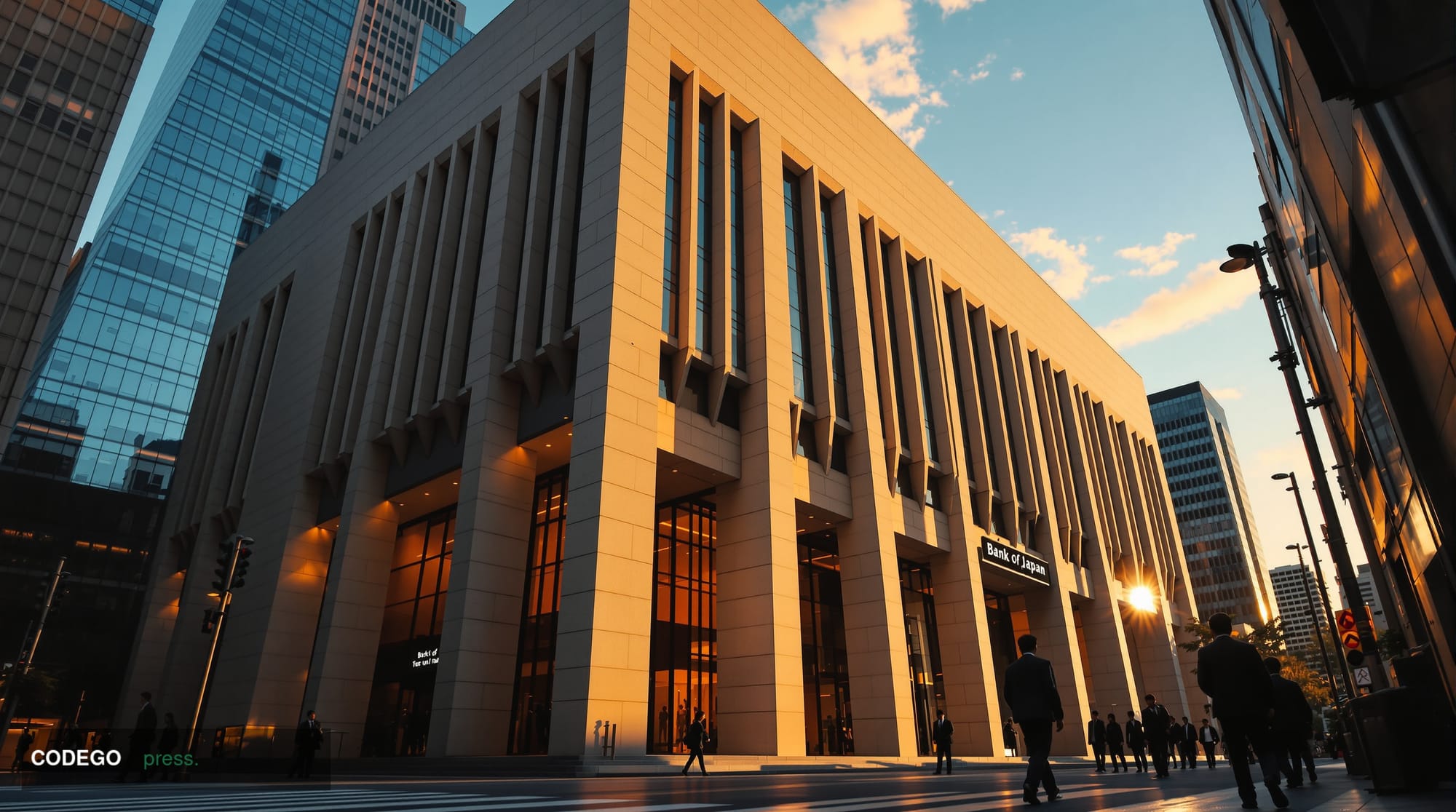 A cinematic editorial photograph of the Bank of Japan headquarters building in Tokyo, captured during the golden hour with dr