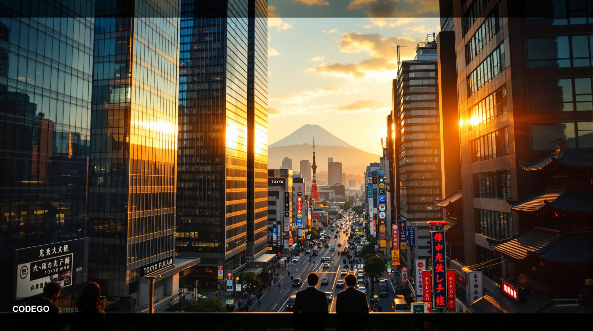A cinematic editorial photograph of Tokyo's financial district at golden hour, showcasing Japan's modern banking towers and t