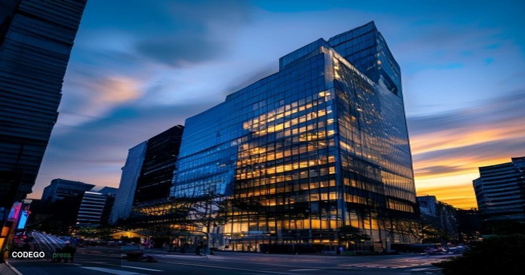 A cinematic editorial photograph of Japan's Financial Services Agency headquarters building in Tokyo's Kasumigaseki district,
