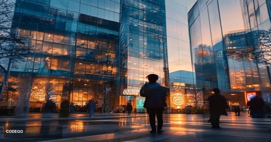 A cinematic editorial photograph showcasing Japan's modern financial regulatory landscape. The scene centers on the imposing 
