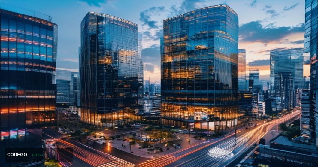 A cinematic editorial photograph showcasing the modern financial district of Tokyo with SBI and Rakuten corporate headquarter