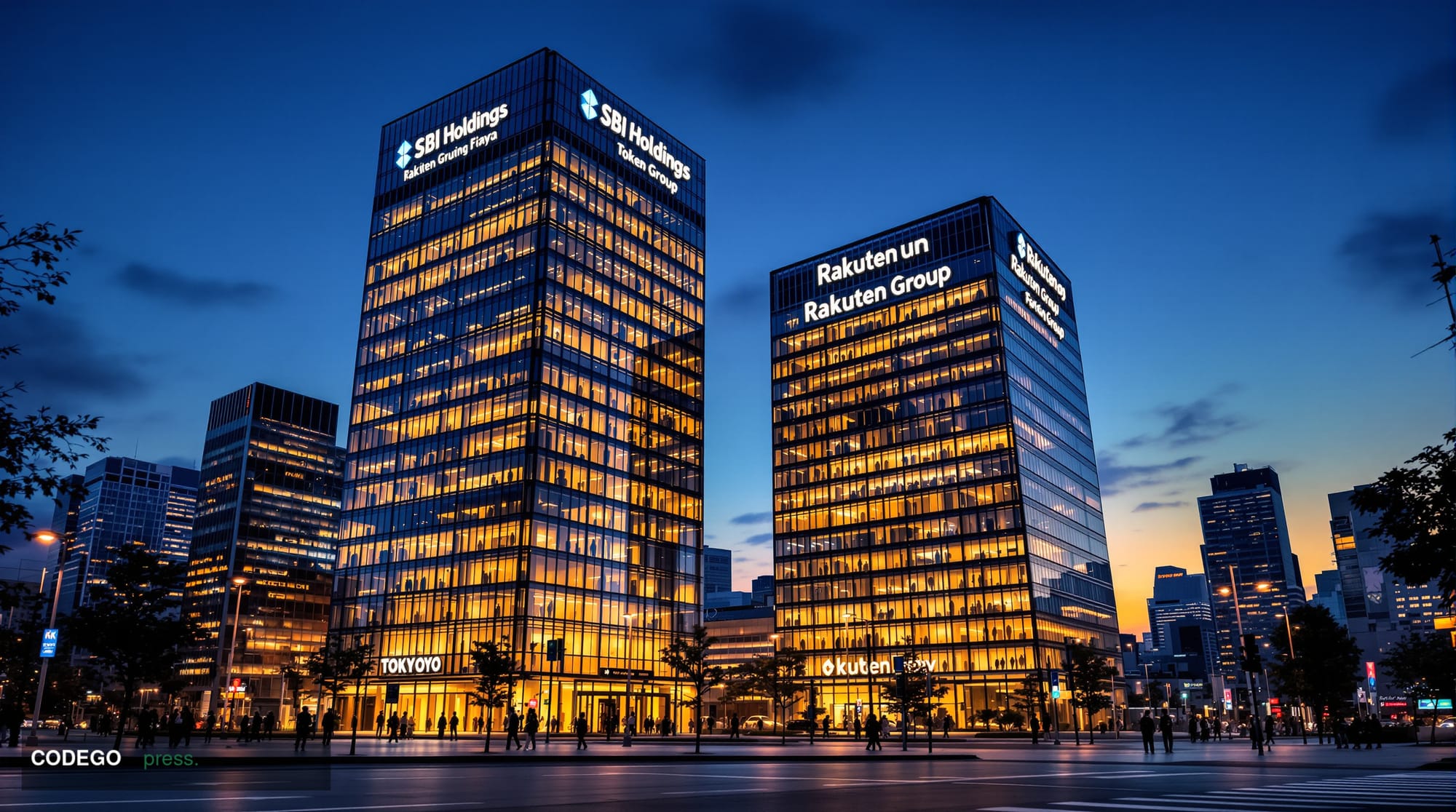 A photorealistic editorial photograph showcasing modern Japanese financial district architecture with SBI and Rakuten corpora