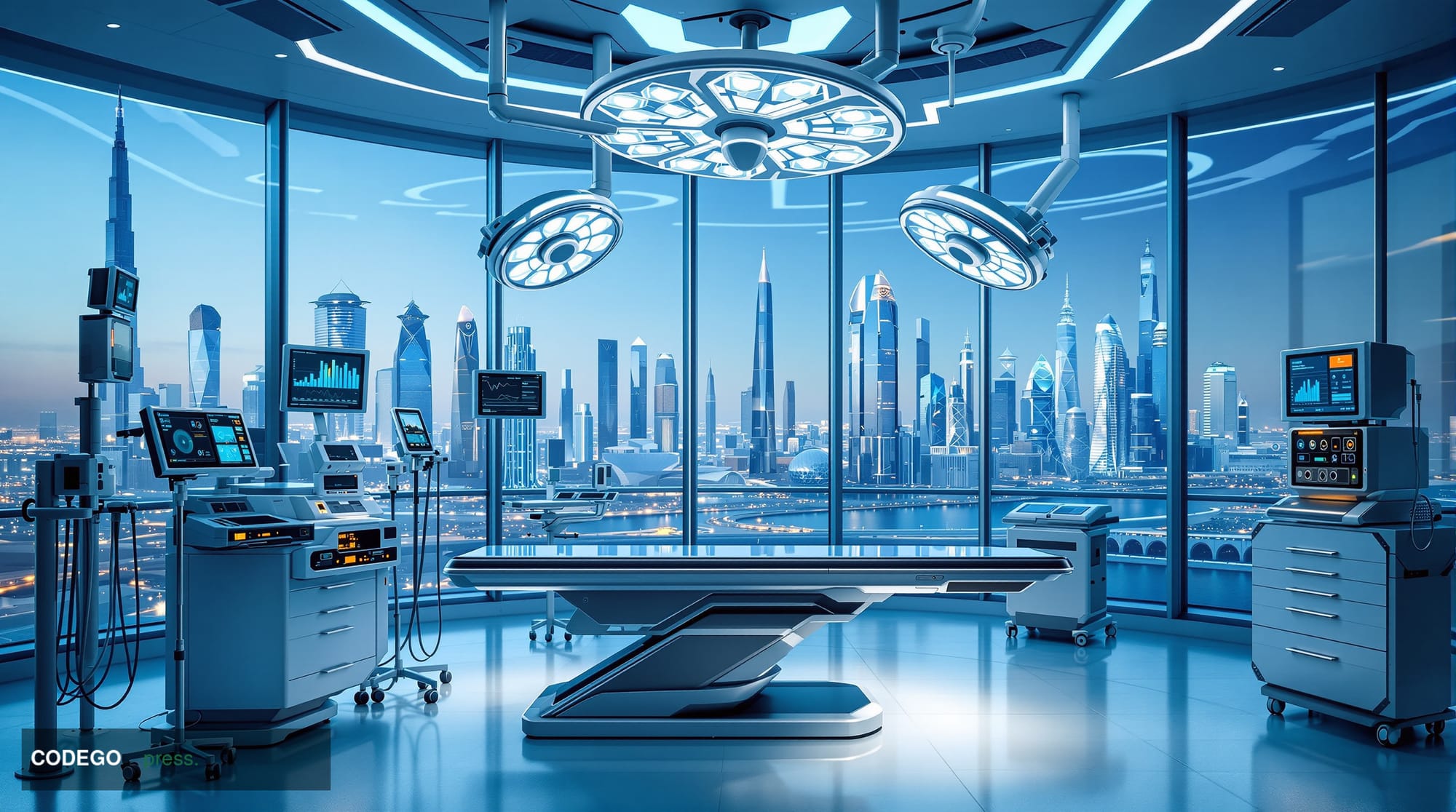 A photorealistic editorial photograph of a state-of-the-art operating room in Abu Dhabi, featuring advanced surgical equipmen