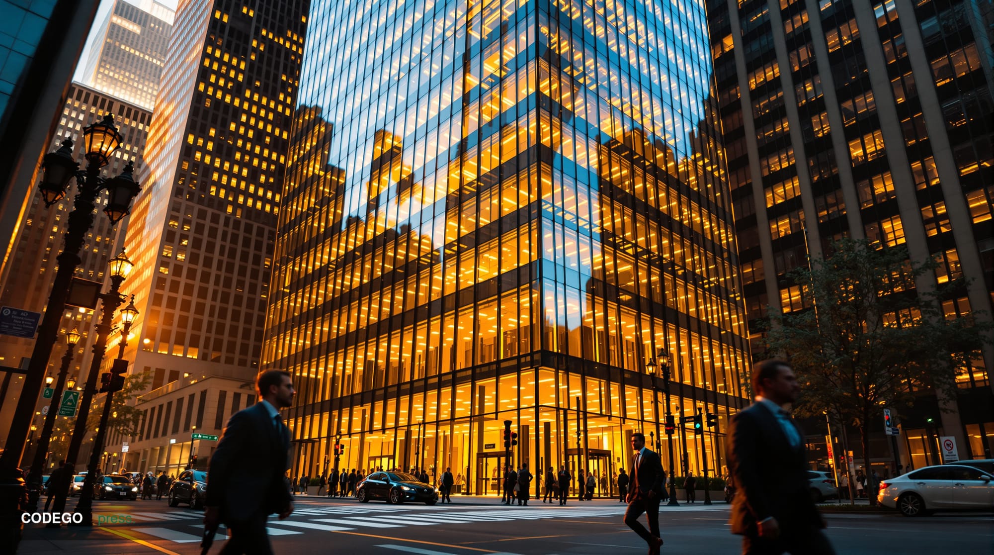 A dramatic photorealistic editorial photograph showing JPMorgan Chase's iconic headquarters tower at 270 Park Avenue in Manha