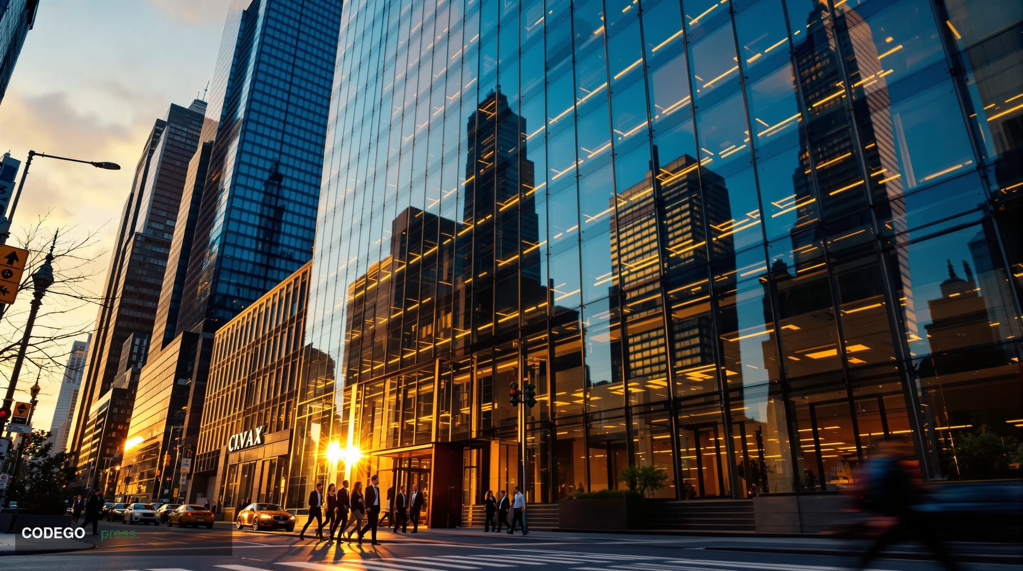 A cinematic editorial photograph of JPMorgan's imposing 270 Park Avenue headquarters in Manhattan, shot from a low angle pers