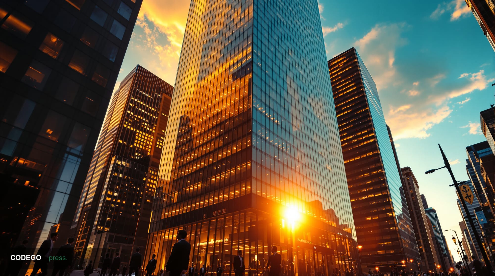 A cinematic editorial photograph capturing JPMorgan Chase's iconic headquarters at 270 Park Avenue in Manhattan during golden