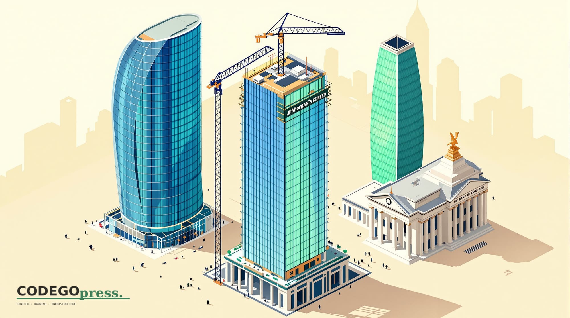 Modern glass tower under construction in centre with JPMorgan deep-blue accent girders, JPMorgan curved Foster City HQ silhou
