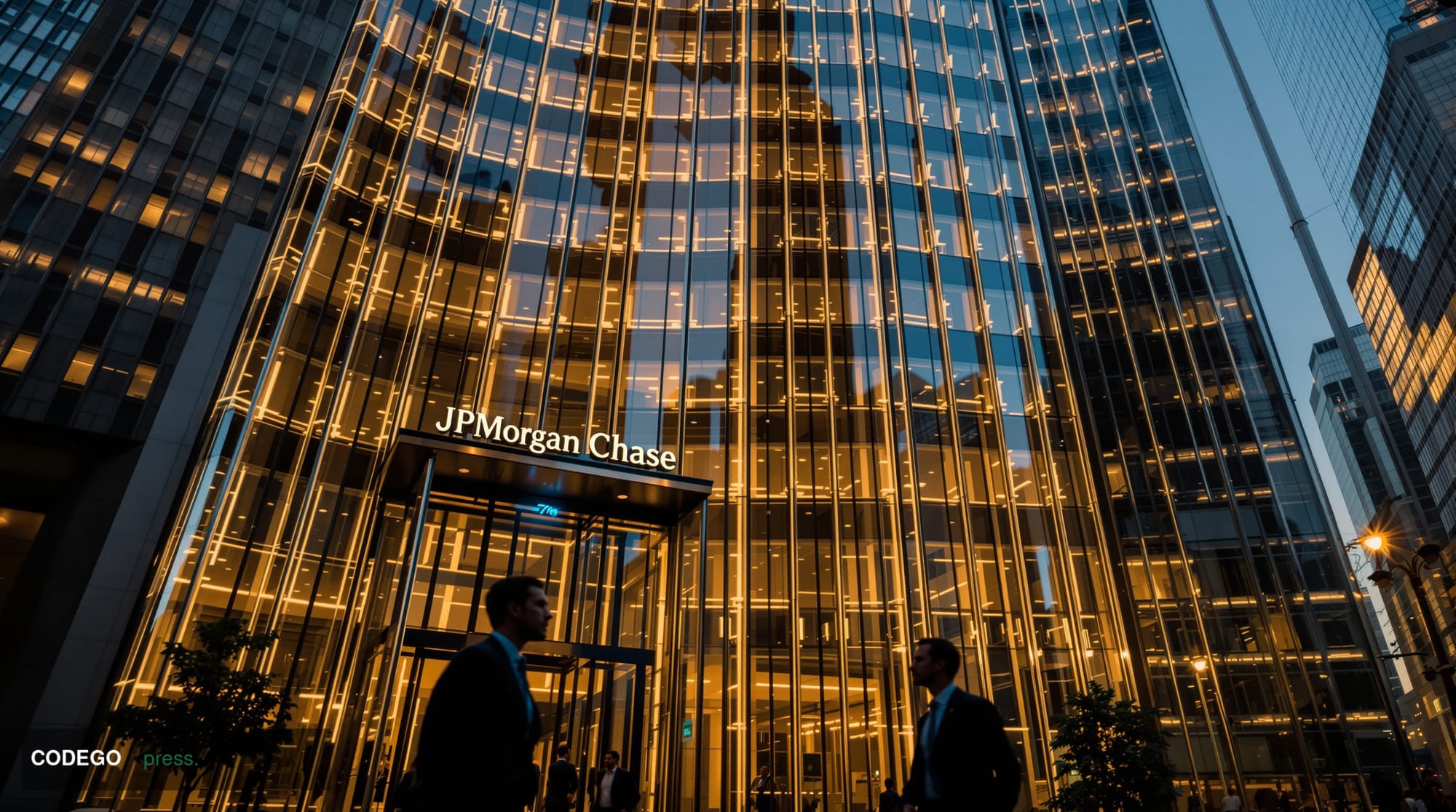 A cinematic editorial photograph of JPMorgan Chase's iconic headquarters at 270 Park Avenue in Manhattan, shot from street le