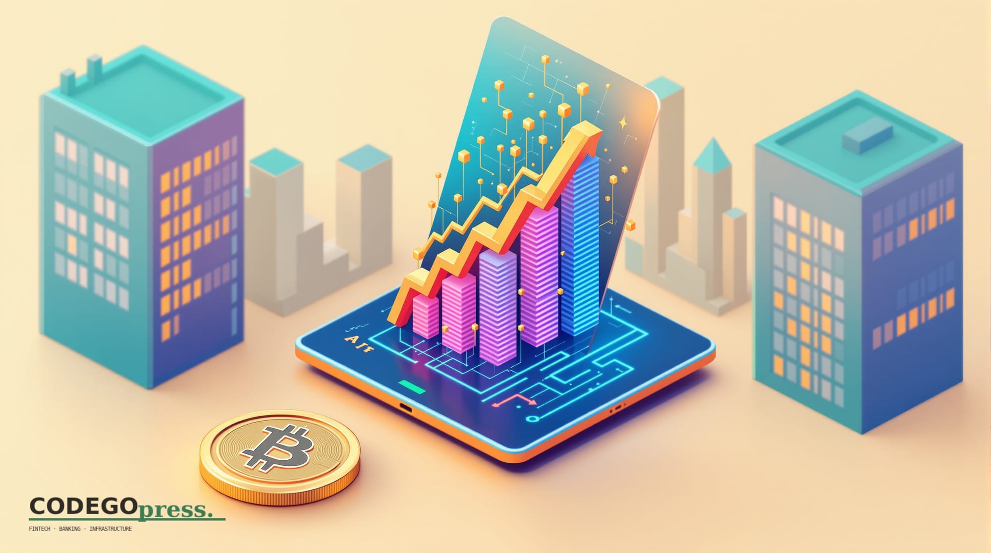 flat 3D isometric vector editorial illustration, banking-green primary (#1A6B43), cream background, gold and navy accents. Co