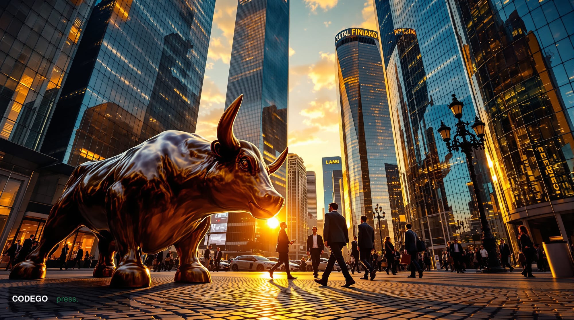A dramatic wide-angle photograph of Wall Street's financial district at golden hour, with the iconic charging bull statue in 