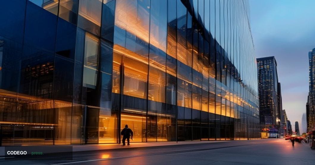 A cinematic photorealistic editorial photograph showing the modern glass facade of Kalshi's New York headquarters building, c