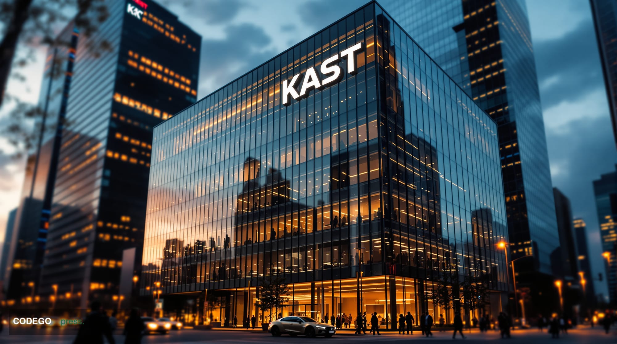 A cinematic editorial photograph showcasing KAST's modern fintech headquarters building with sleek glass architecture, captur
