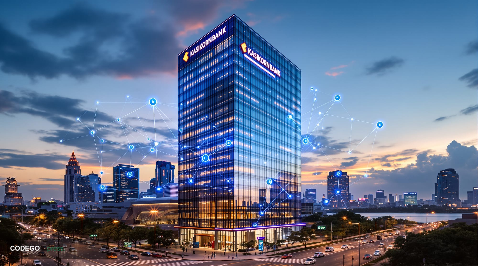 A cinematic editorial photograph showcasing KASIKORNBANK's distinctive headquarters in Bangkok, Thailand, featuring the recog