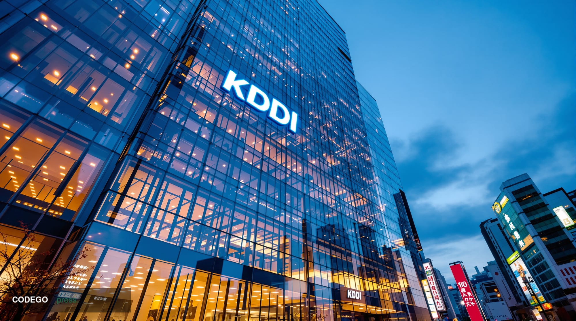 Photorealistic 8K editorial photograph showcasing KDDI's corporate headquarters in Tokyo's Shinjuku district, with the distin