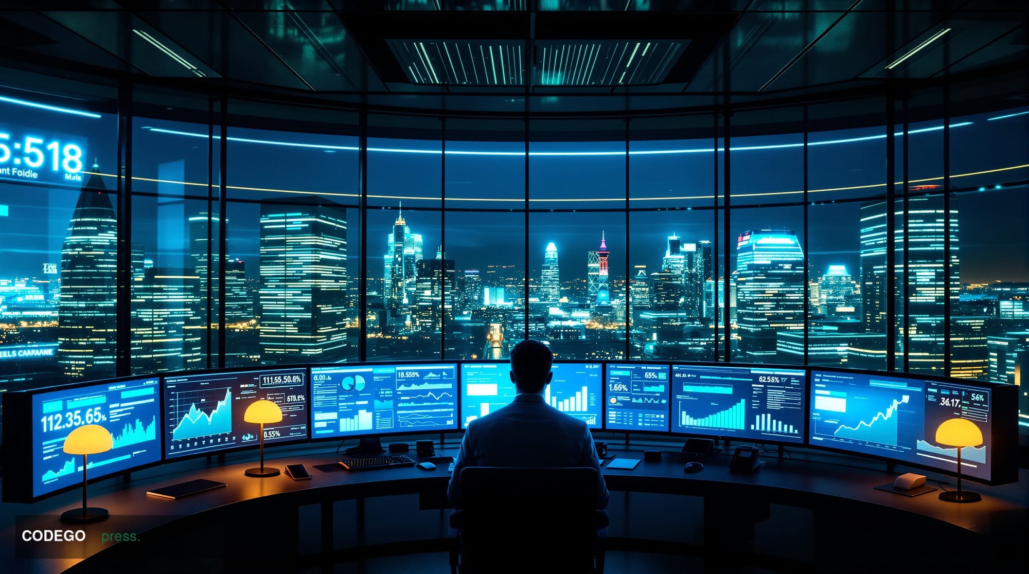 A dramatic photorealistic editorial photograph showing a modern blockchain technology command center with multiple curved mon