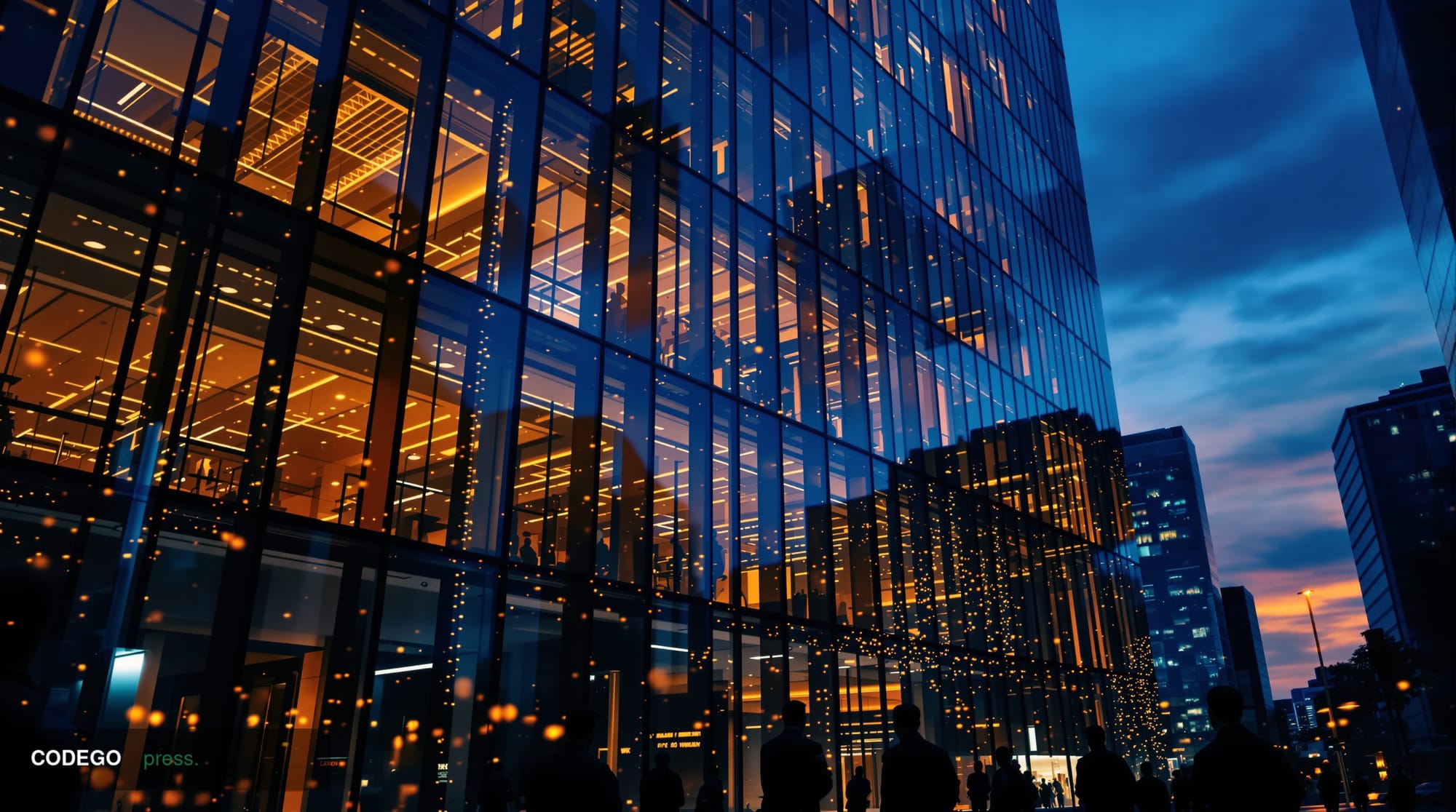 <Cinematic editorial news photography of a modern fintech headquarters building exterior at dusk, shot on Canon EOS R5 with 8