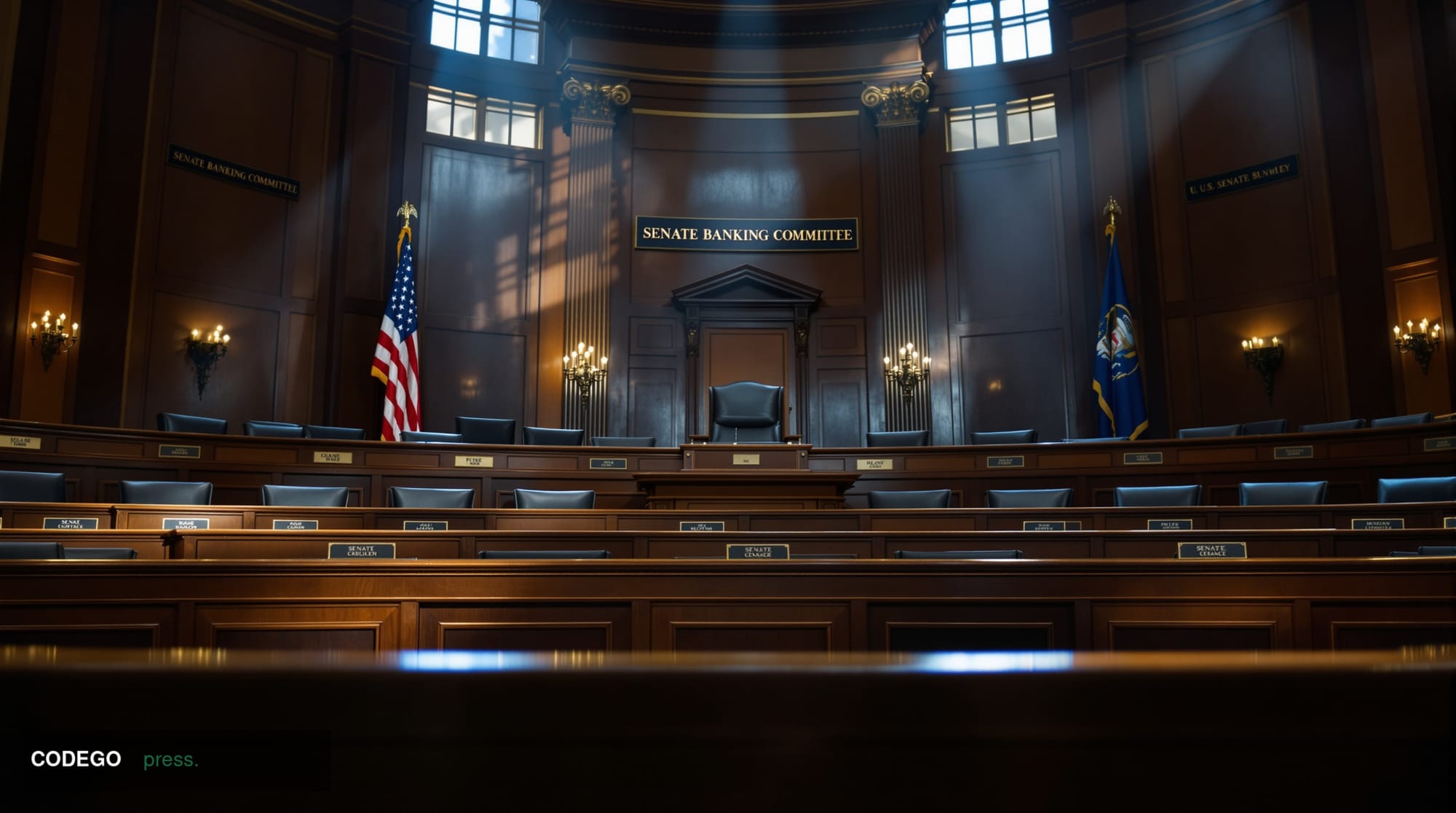 A cinematic editorial photograph of the U.S. Senate Banking Committee hearing room in the Hart Senate Office Building, shot f