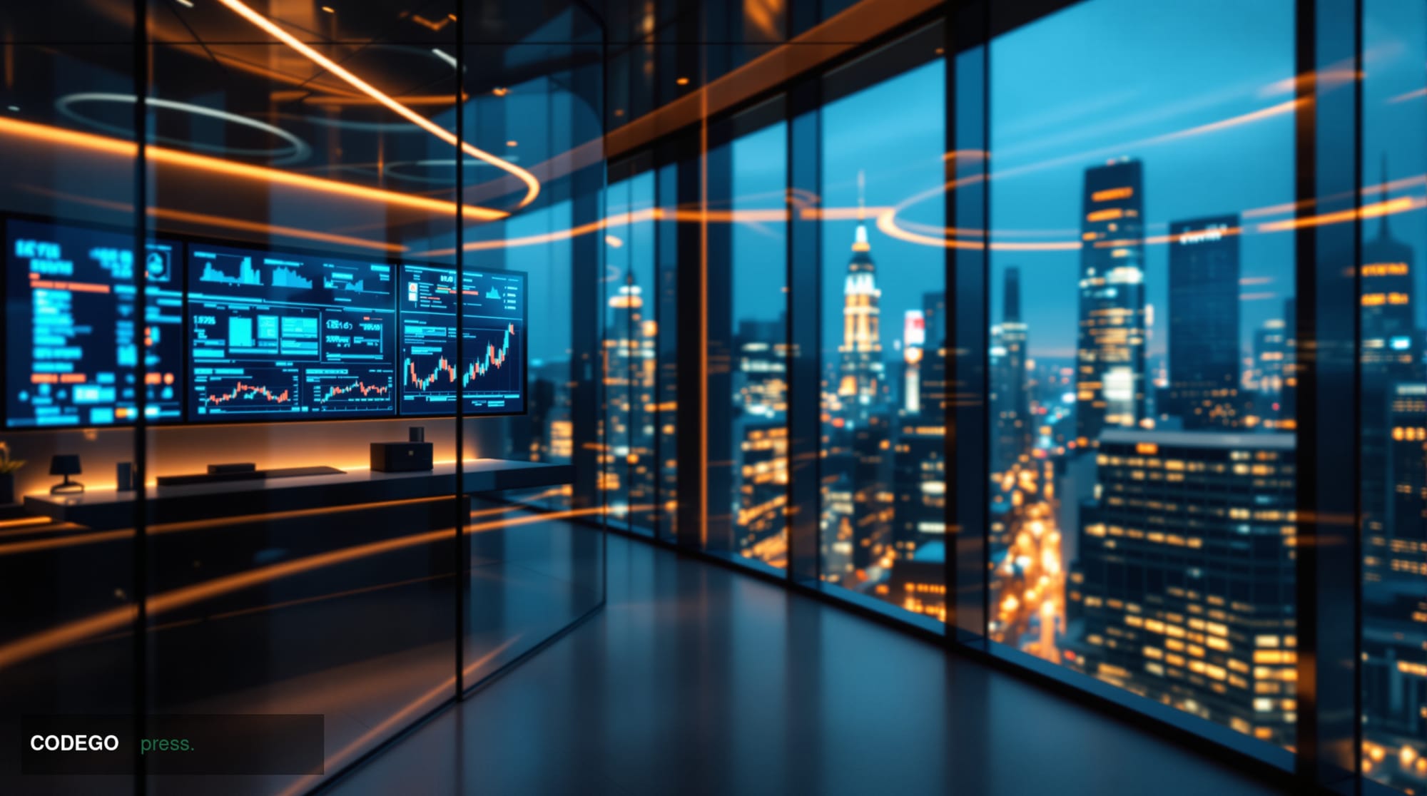 A photorealistic editorial photograph showing a modern financial technology office environment with sleek glass surfaces and 