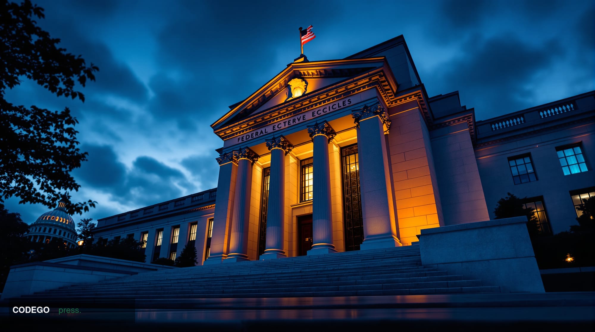 A cinematic editorial photograph of the Federal Reserve building in Washington D.C., captured from a low angle with dramatic 