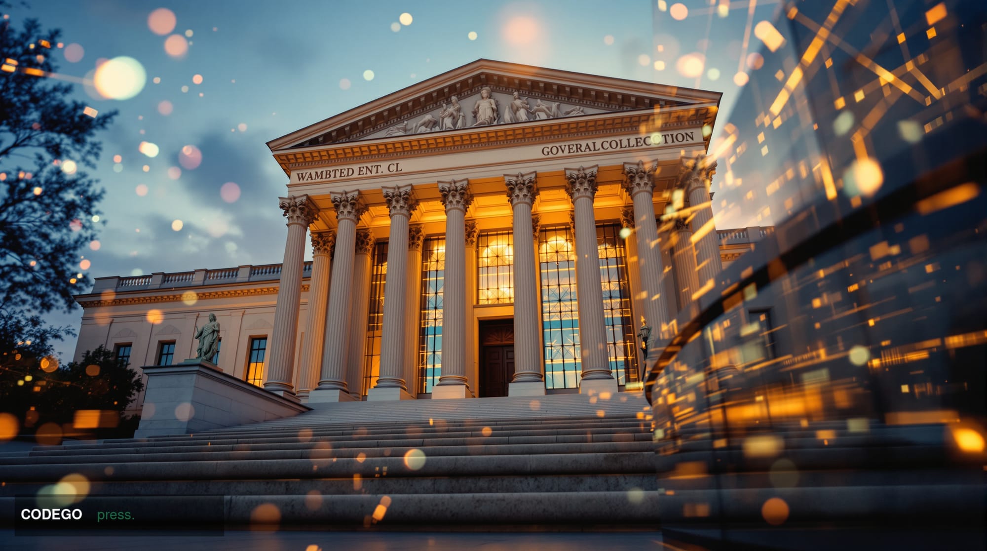 A cinematic editorial photograph of the Federal Reserve headquarters building (Marriner S. Eccles Federal Reserve Board Build