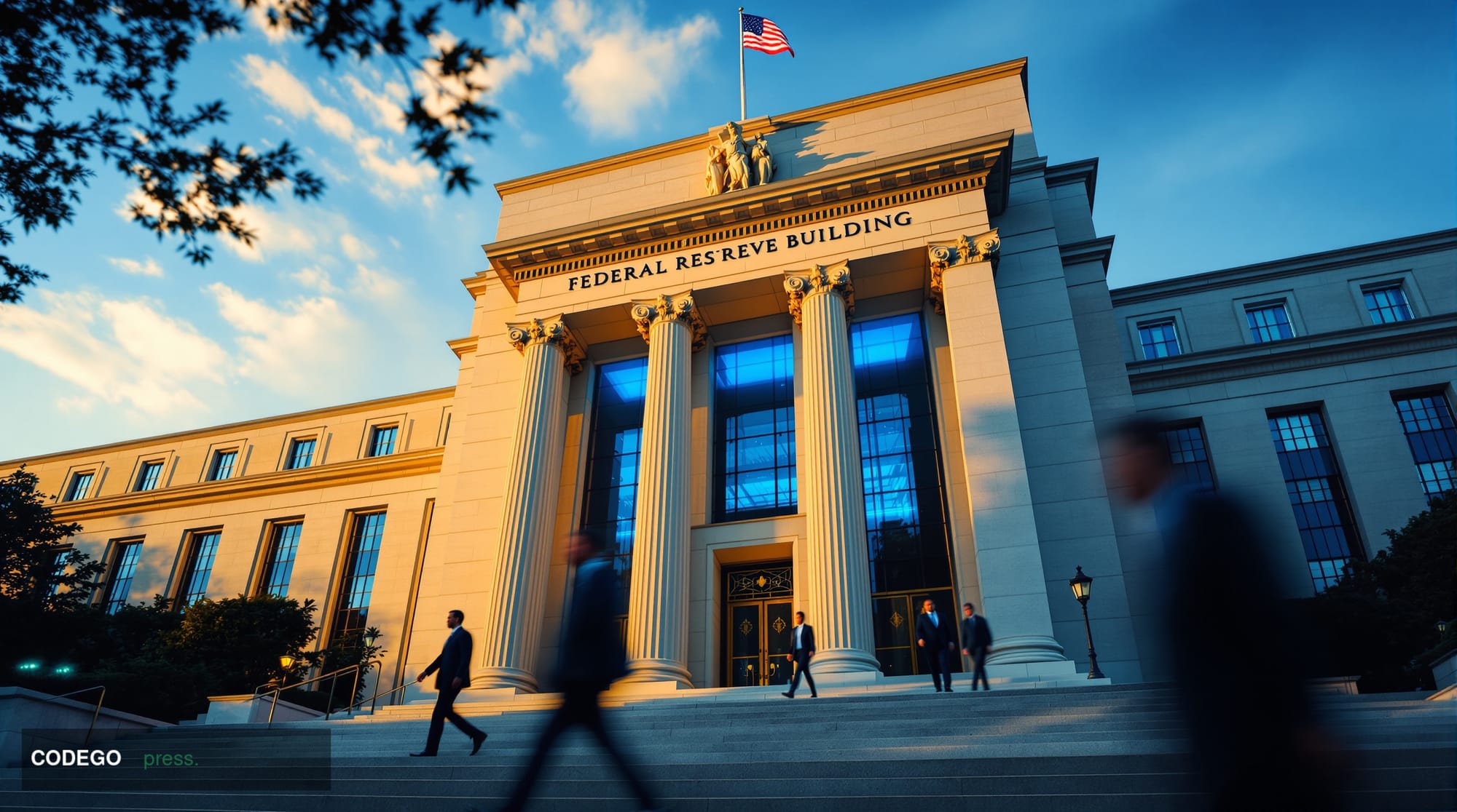 A dramatic photorealistic editorial photograph of the imposing Federal Reserve Building facade in Washington DC, shot from a 