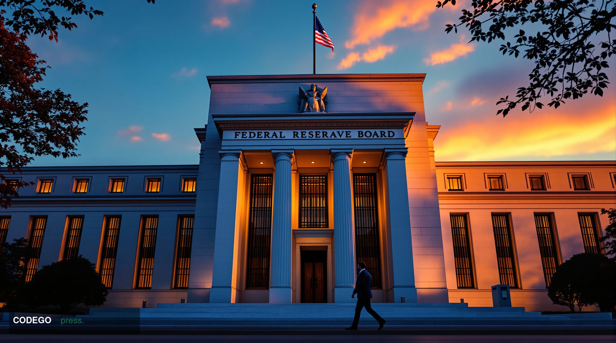 A dramatic editorial photograph of the Federal Reserve Board building in Washington D.C., captured during golden hour with wa