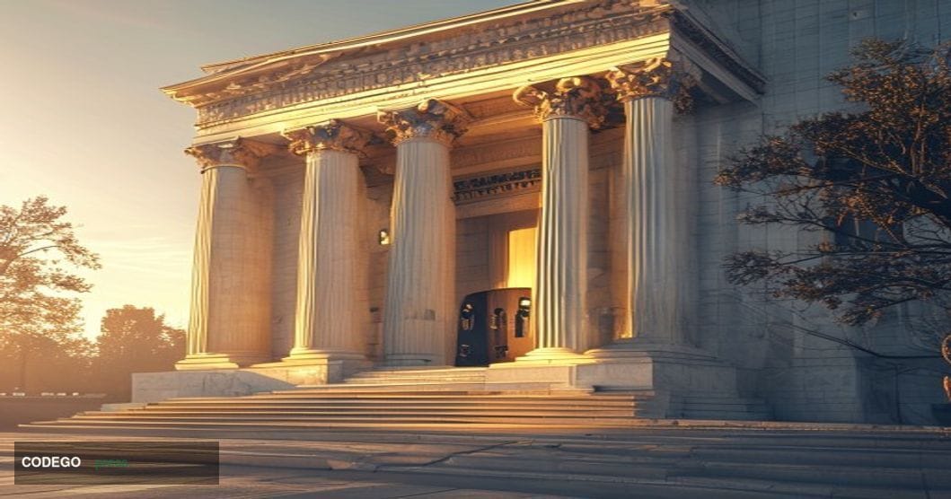 # Image Prompt: Federal Reserve Leadership Transition

A photorealistic 8K editorial image of the Federal Reserve's marble-co