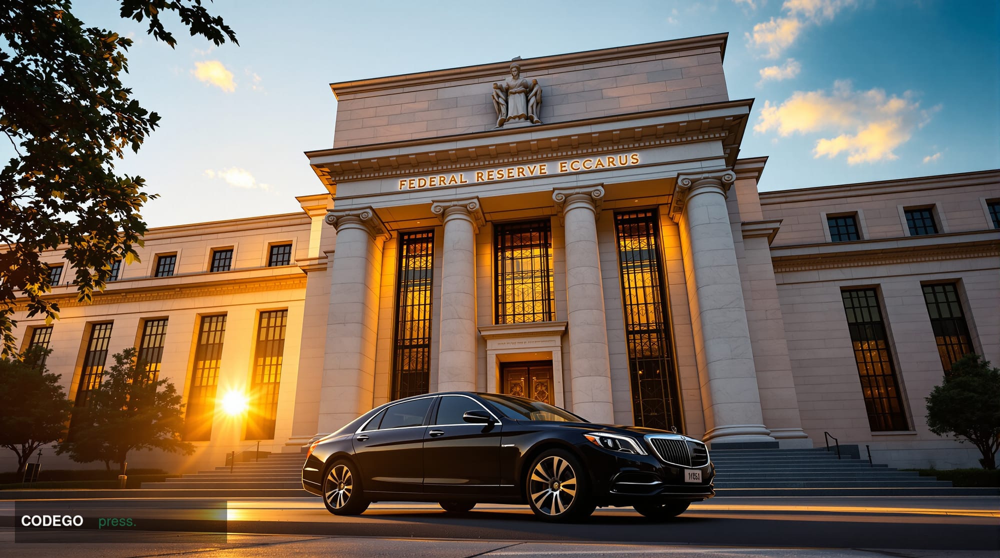 A photorealistic editorial photograph capturing the imposing neoclassical facade of the Federal Reserve building in Washingto