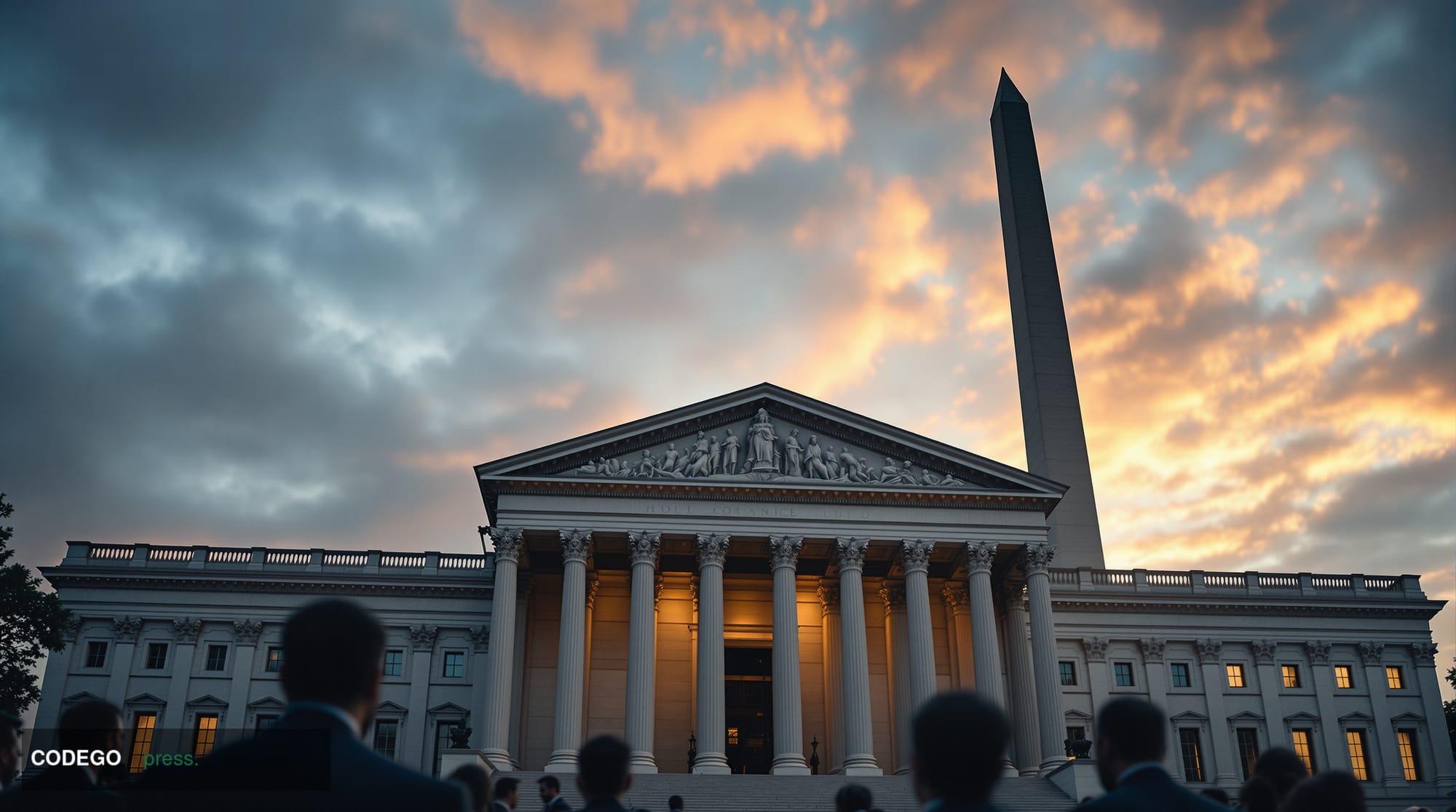 A cinematic editorial photograph of the Federal Reserve's imposing Eccles Building in Washington D.C., shot during golden hou