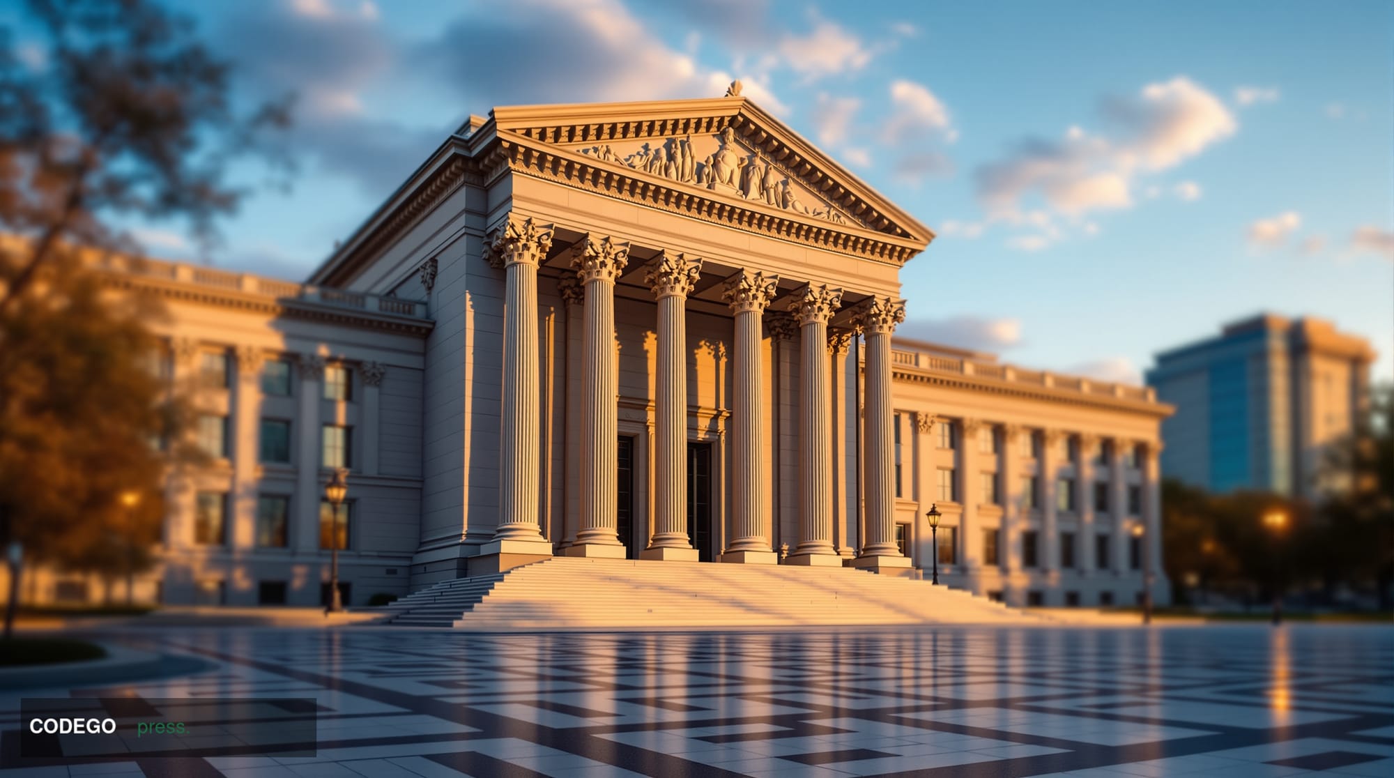 A cinematic editorial photograph of the imposing Federal Reserve Building in Washington D.C., captured during golden hour wit