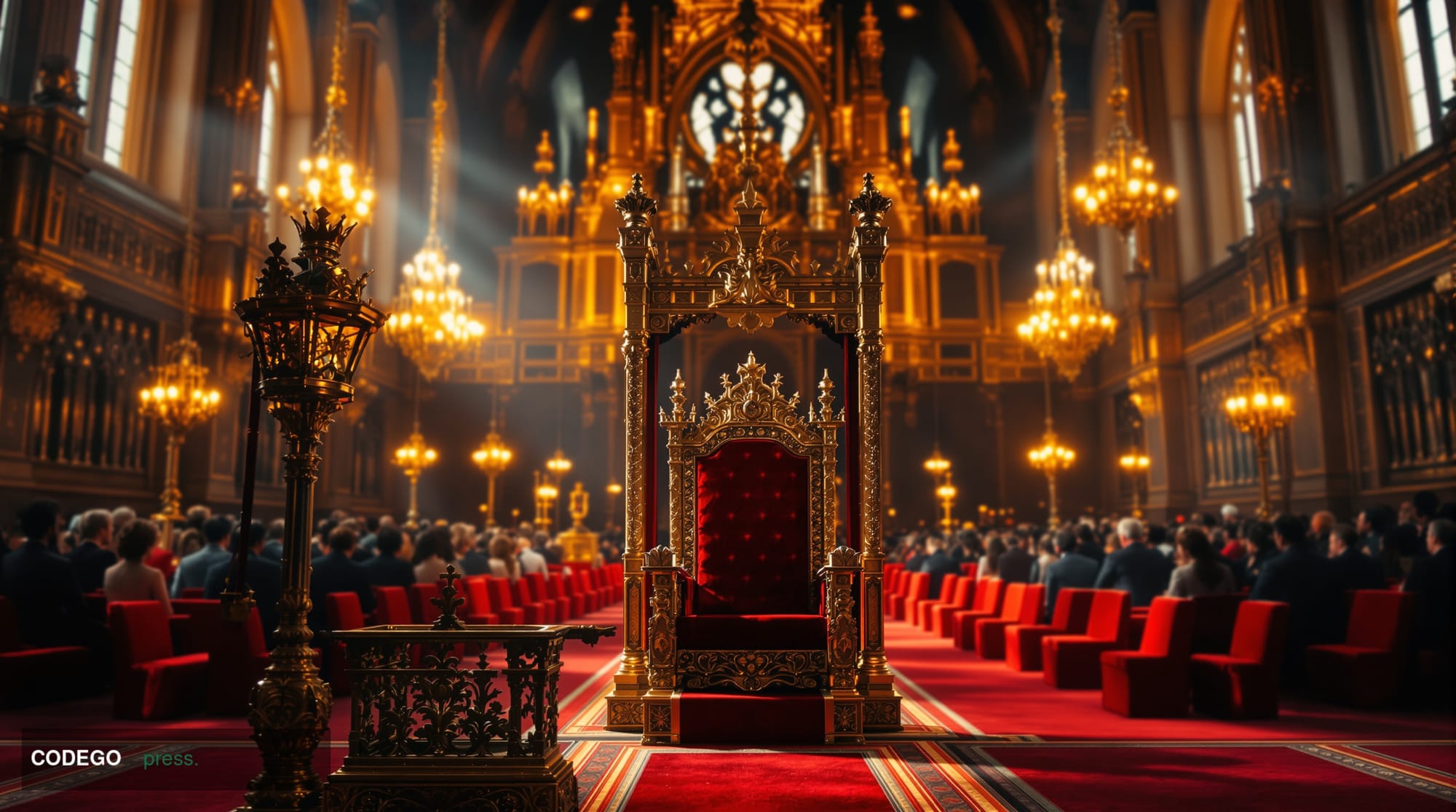 Photorealistic editorial photograph of the ornate interior of the House of Lords chamber during the State Opening of Parliame