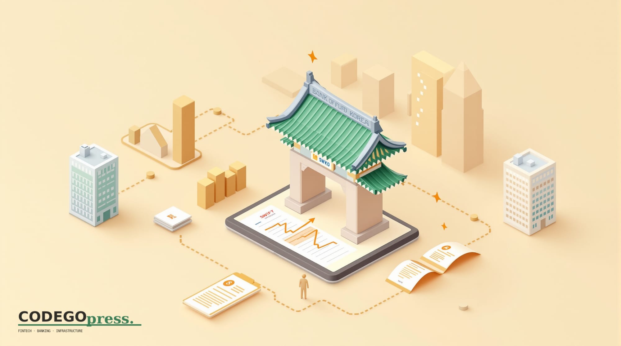 Flat 3D isometric vector editorial illustration. Primary banking-green (#1A6B43) with cream background, gold and navy accents
