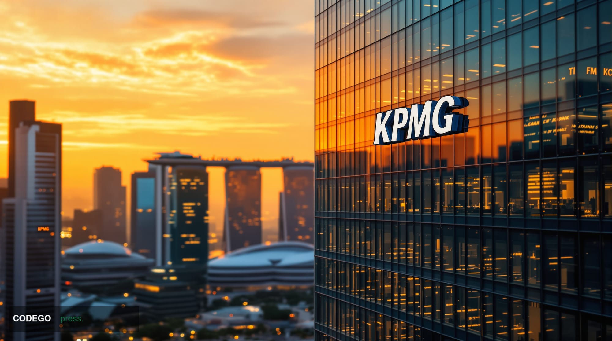 A cinematic editorial photograph of KPMG's modern Singapore office building exterior at golden hour, showcasing the distincti