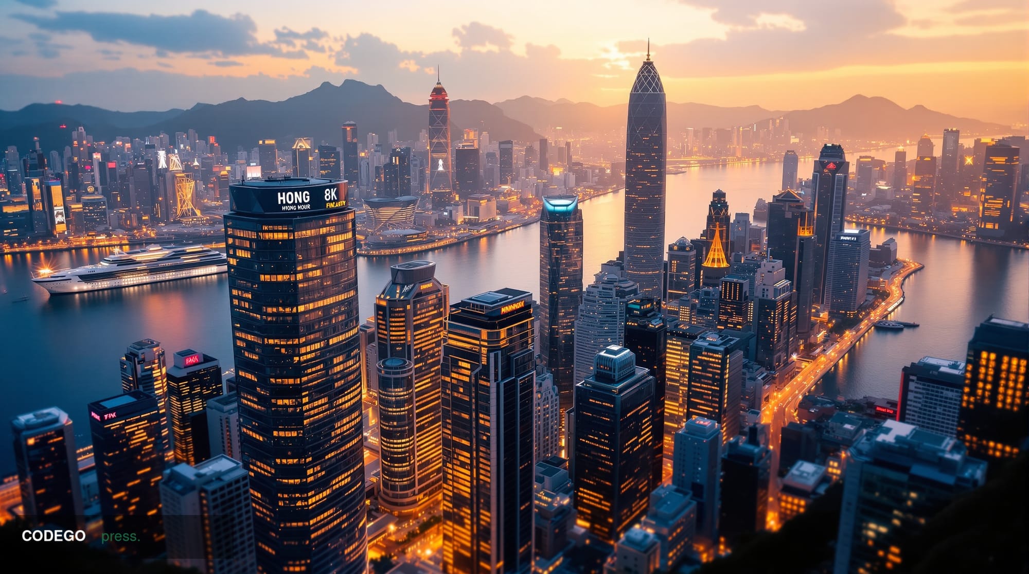 A dramatic aerial view of Hong Kong's iconic financial district skyline at golden hour, with the gleaming skyscrapers of Cent