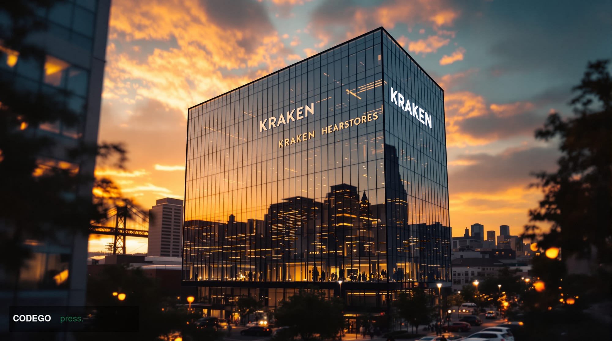 A photorealistic editorial photograph of Kraken's modern San Francisco headquarters building exterior during the golden hour,