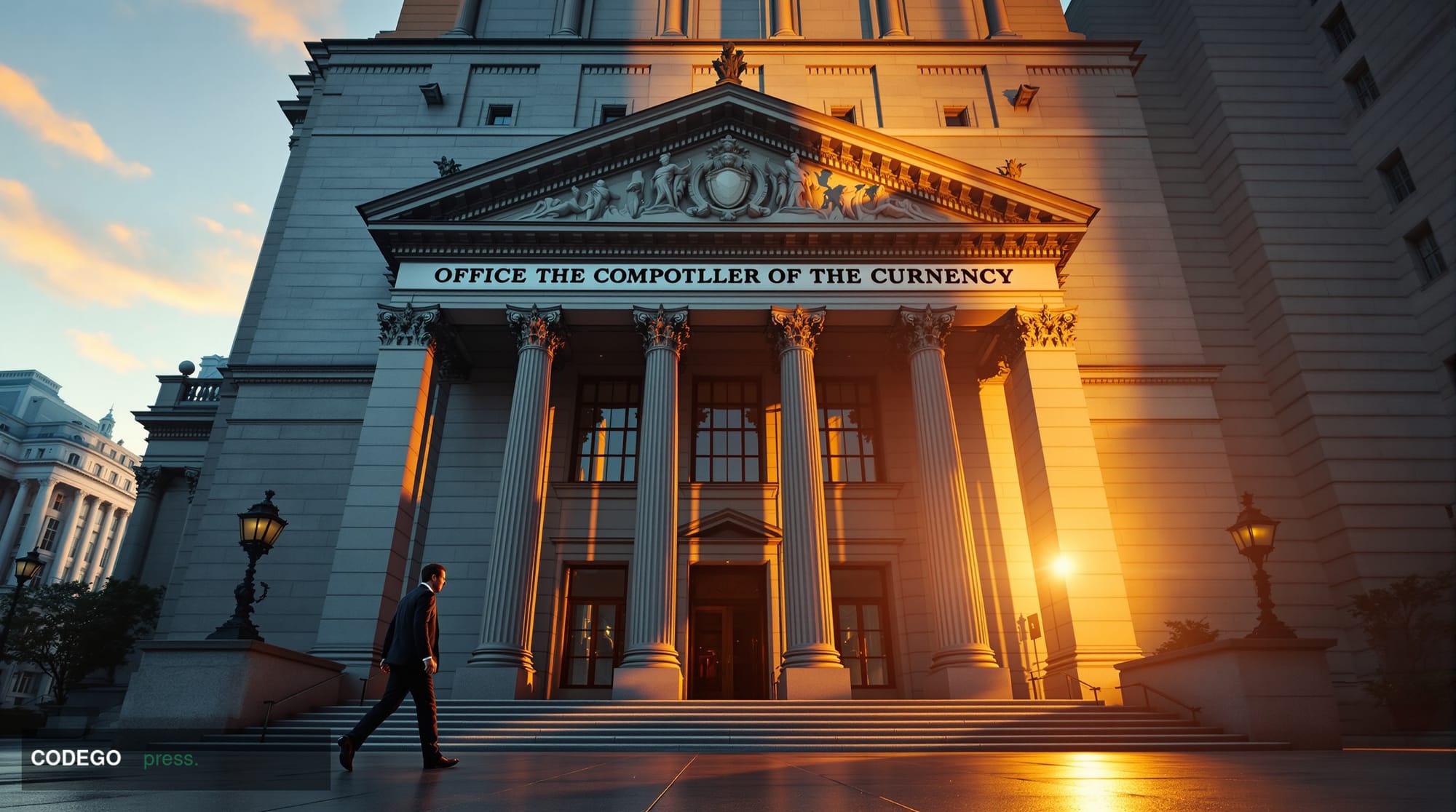 A dramatic architectural photograph of the Office of the Comptroller of the Currency headquarters building in Washington D.C.